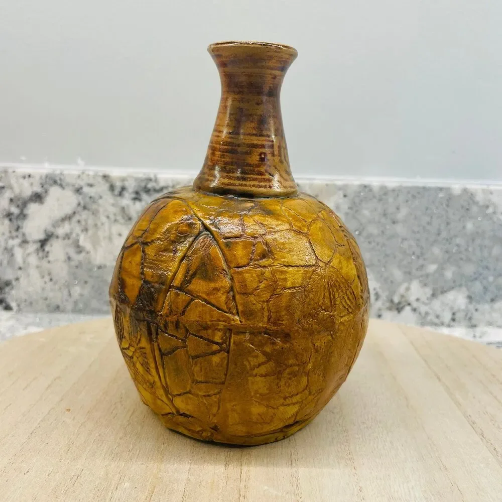 Vintage Otagiri Japan MCM Studio Pottery Vase Incised Bird Stoneware 4